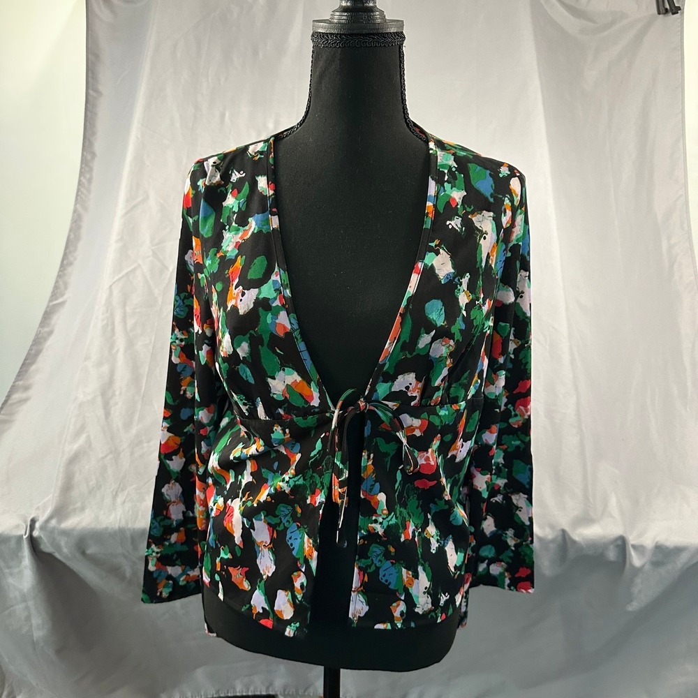Open Edit Womens Medium Tie Long Sleeve Bell Top Floral Abstract Painterly Print